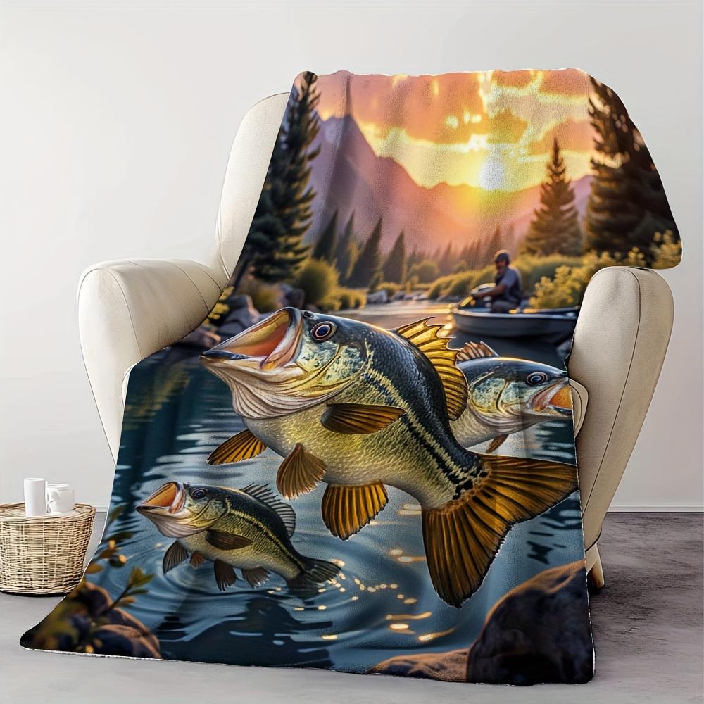 1pc Cozy Bass Frenzy Print Plush Throw Blanket - Soft, Warm Flannel for Sofa, Bed, Couch, Office, and Travel - Vintage Style wit