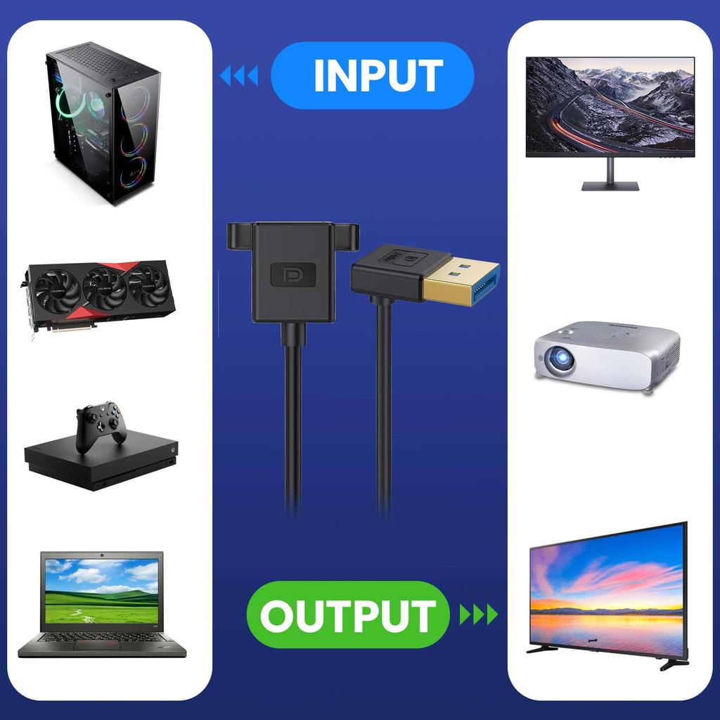 Cablecc DisplayPort 8K 60Hz 4K 144Hz DP Male to Female Extension for and Graphics Cards 1.4 Ultra-Fine Down-Angled Cable, 30cm, Desktops, Laptops,
