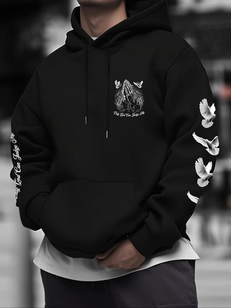 West Coast Hip Hop Printed Men Sports Hoodie Praying Hands Peace Dove Pattern Loose Casual Streetwear Sweatshirt