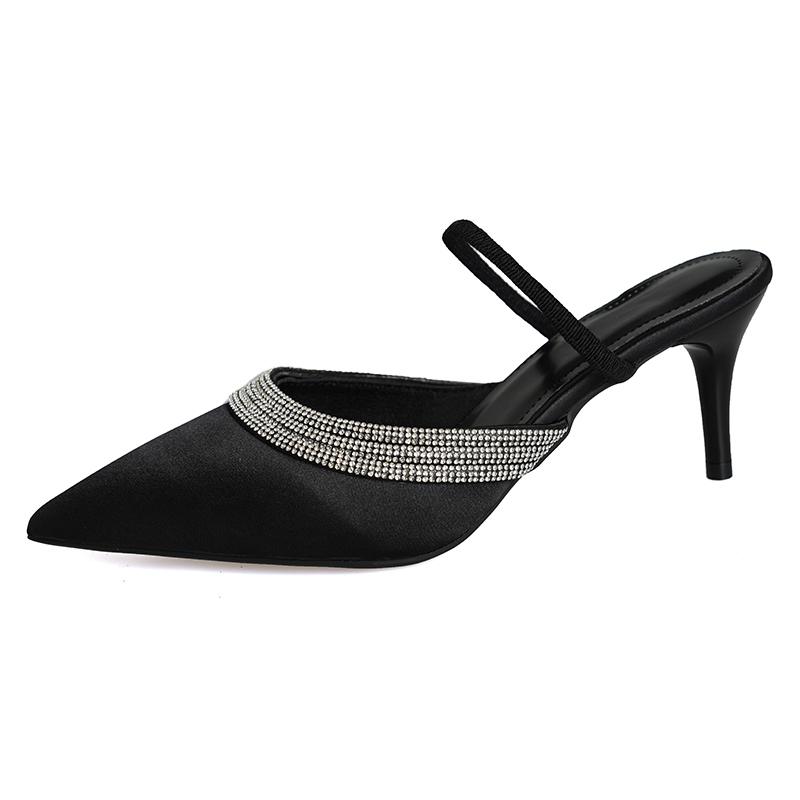 

Модные Роскошные Фиолетовые Атласные Шелковые Мюли на Шпильке Женские Элегантные с Острым Носком Стразы На Каблуке Шлепанцы Женские Вечерние Туфли 42 чёрный