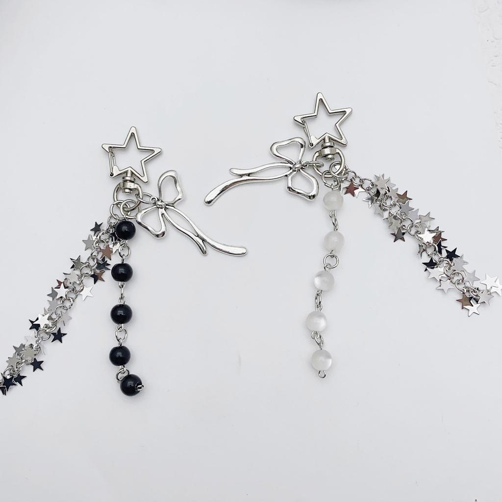 Stylish Star Tassels Bowknot Beaded Keychain Hanging Key Ring Handmade Phone Chain Accessories for Women and Teens