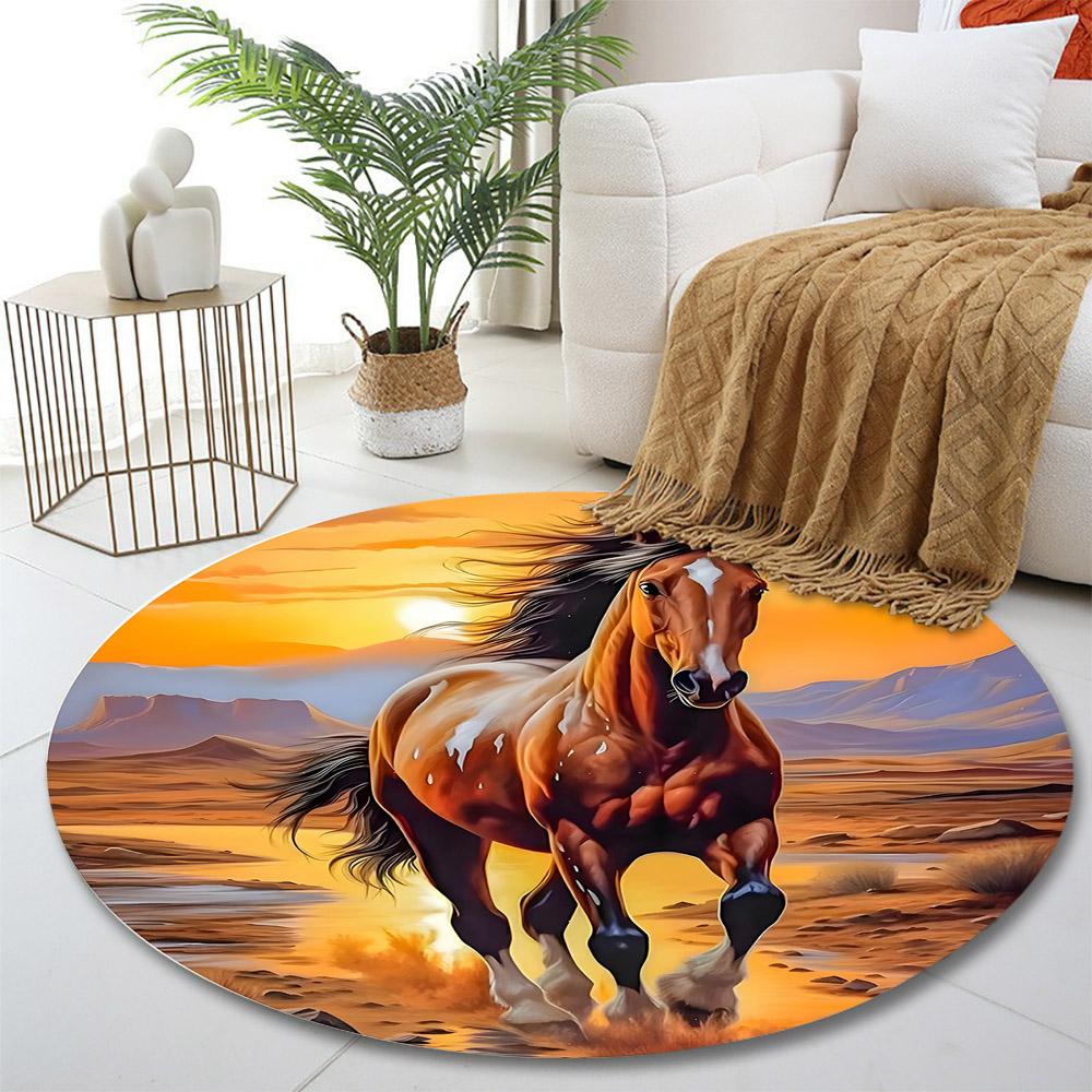 Galoppierendes Pferd bei Sonnenuntergang Szene Druck runder Teppich, Wohnzimmer, Schlafzimmer, Spielzimmer Teppich, rutschfeste Bodenmatte, Geschenk