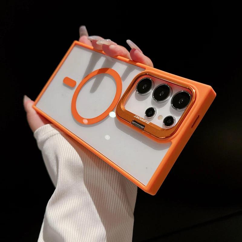 Samsung S26 Ultra Magnetic Transparent Acrylic Phone Case with Metal Lens Stand S25 Ultra