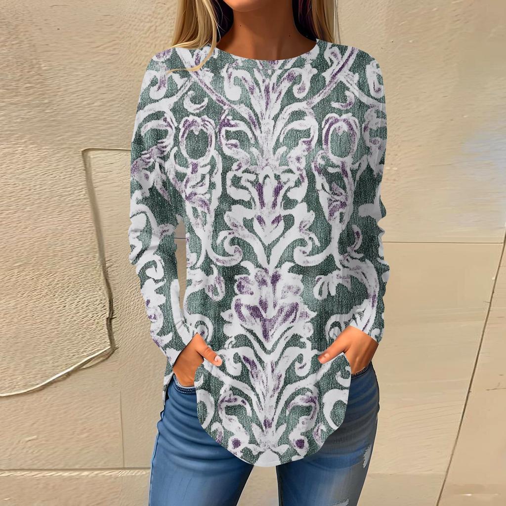 Women's Fashion Pullover Round Neck Long Sleeve Printed Top