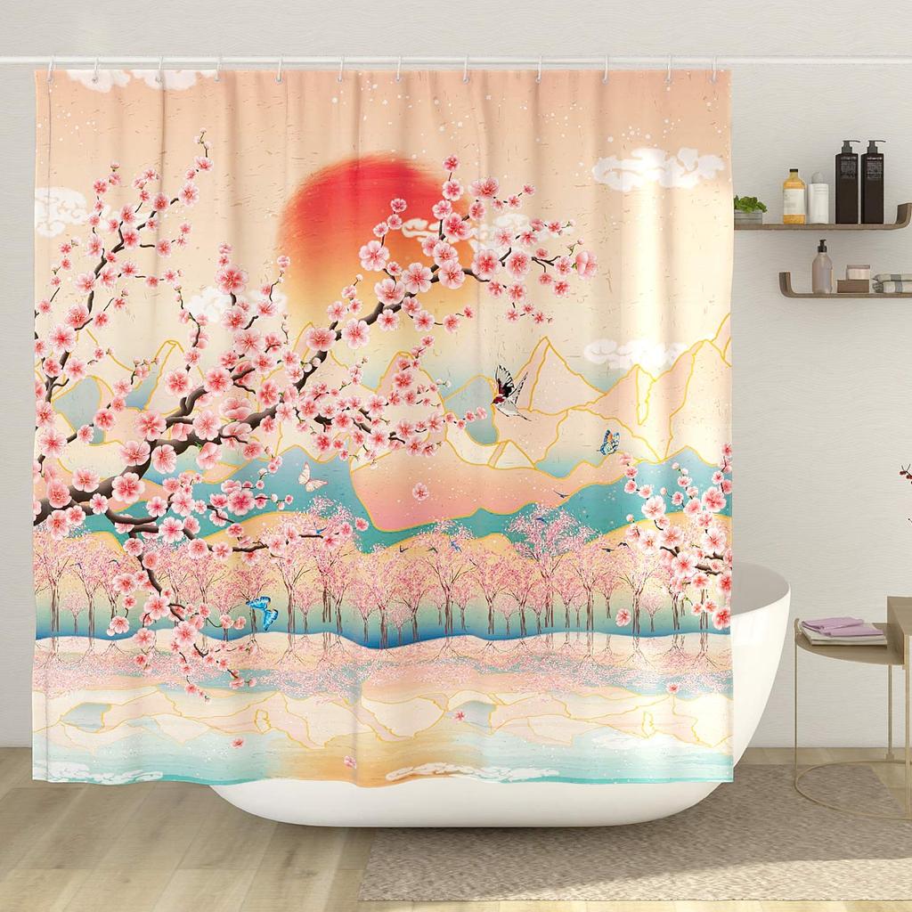 Japanese Ceramic Handicraft Waterproof Polyester Fabric Waterproof Polyester Fabric Bathroom Curtain 180 X 200cm with 12 Hooks