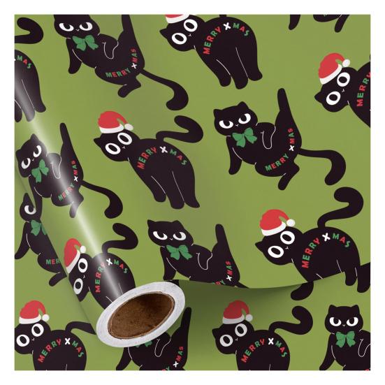 Christmas Cat Wrapping Paper 16.4 Ft Cute Black Cats Gift Wrap Roll Holiday Gift Wrap for Boys Girls Cat Lovers Christmas Party