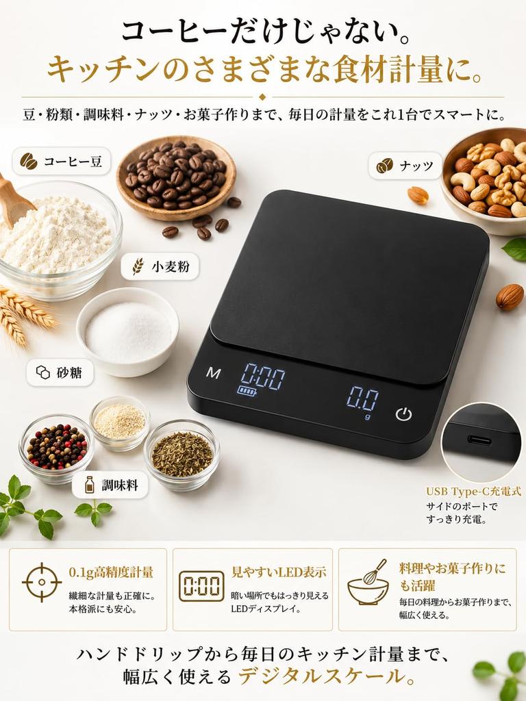 [SYOKI] Coffee Scale, 0.1g High Precision, with Timer, Type-C Rechargeable, Black