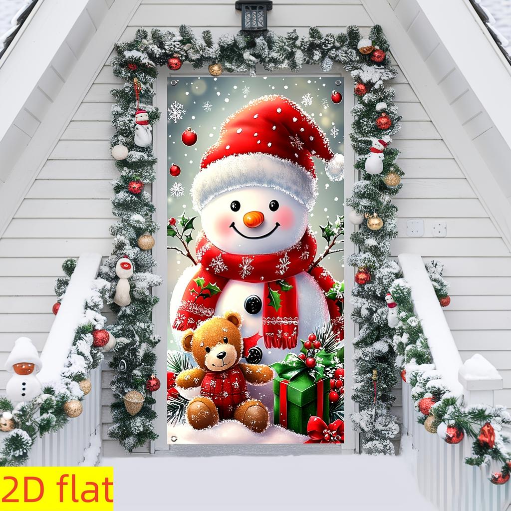 1pcs Merry Christmas Decor Door Cover Banner Cute Snowman Bear Gift Backdrop Xmas Party Indoor Outdoor Background Deco Supplies