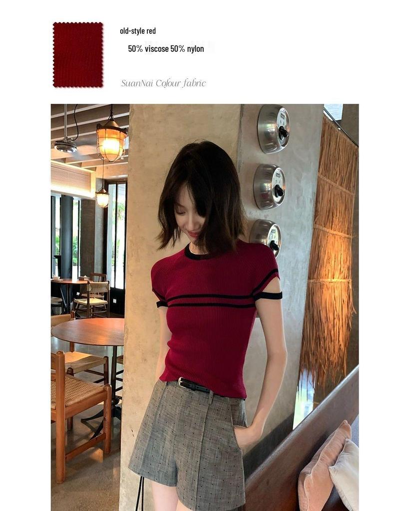 Chic Striped Knit Sweater - Women's Summer Slim Fit, Round Neck Top