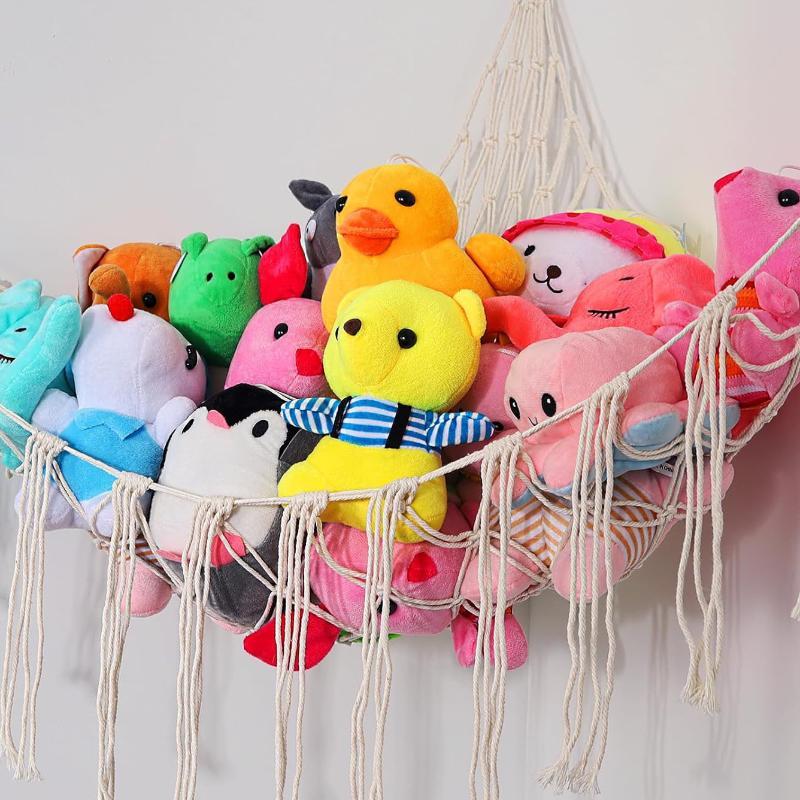 Boho Tassel Toy Hammock Wall Corner Hanging Storage Net Durable Cotton Woven Organizer for Kids Room Nursery Home Decor