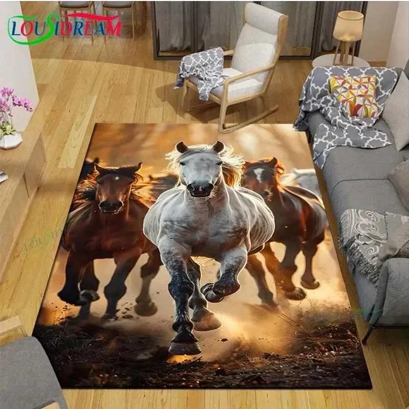 Realistic Running Horse Print Flannel Area Rug, Non-slip Soft Floor Mat for Living Room Bedroom Home Decor