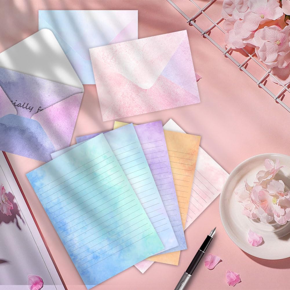 72 Pieces Stationery Set with Envelopes (48 Lined Watercolor Sheets + 24 Matching Envelopes), 8 Unique Designs, 5.5 x 8.25 inch Double Sided Printing