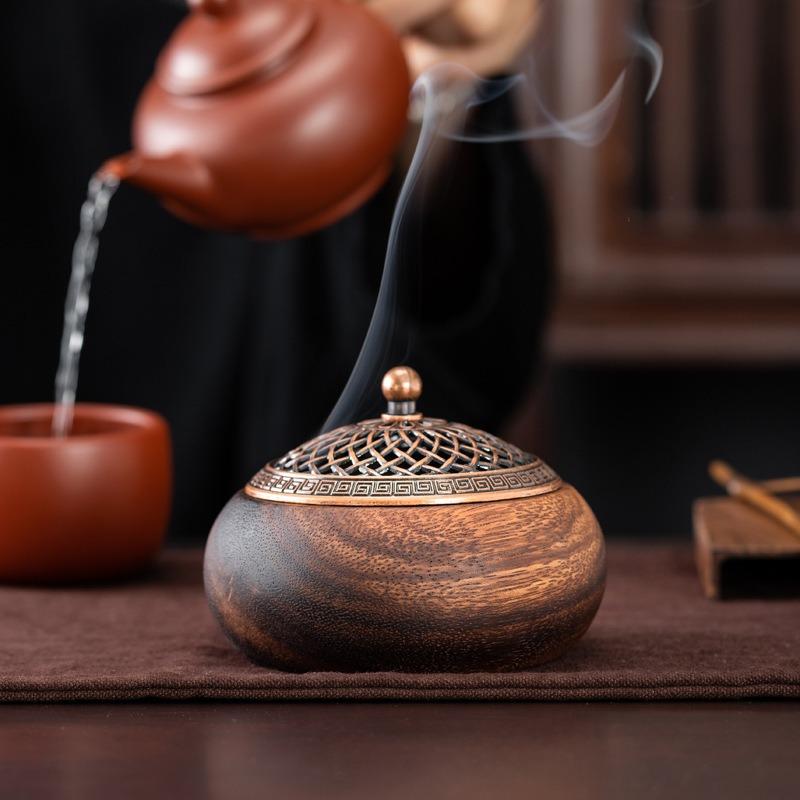 Walnut Wood Ruyi Incense Burner Chinese Style Hollow Carved Lid Solid Wood Sandalwood Holder Base Tray for Home Meditation Room