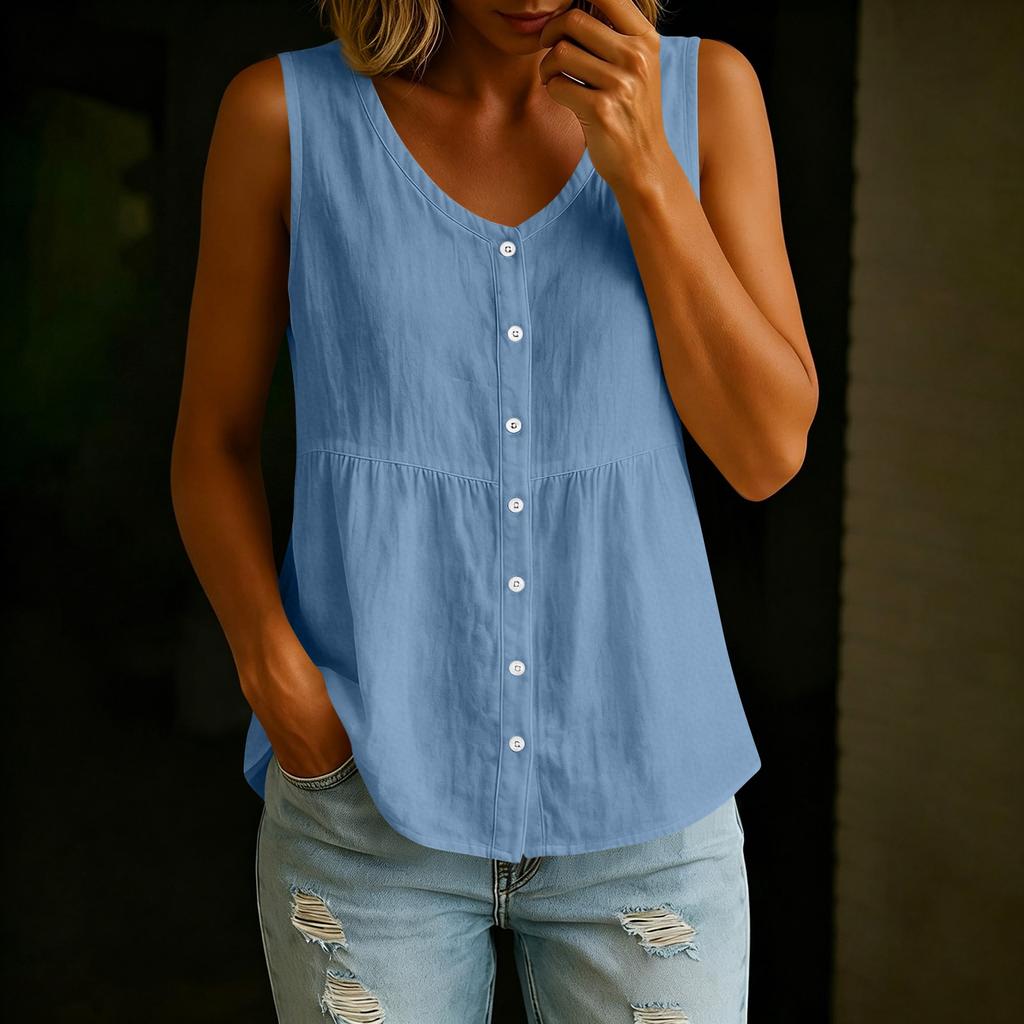 Women’s V Neck Button Front Sleeveless Loose Fit Casual Summer Blouse Top Relaxed Style Lightweight Comfortable Shirt