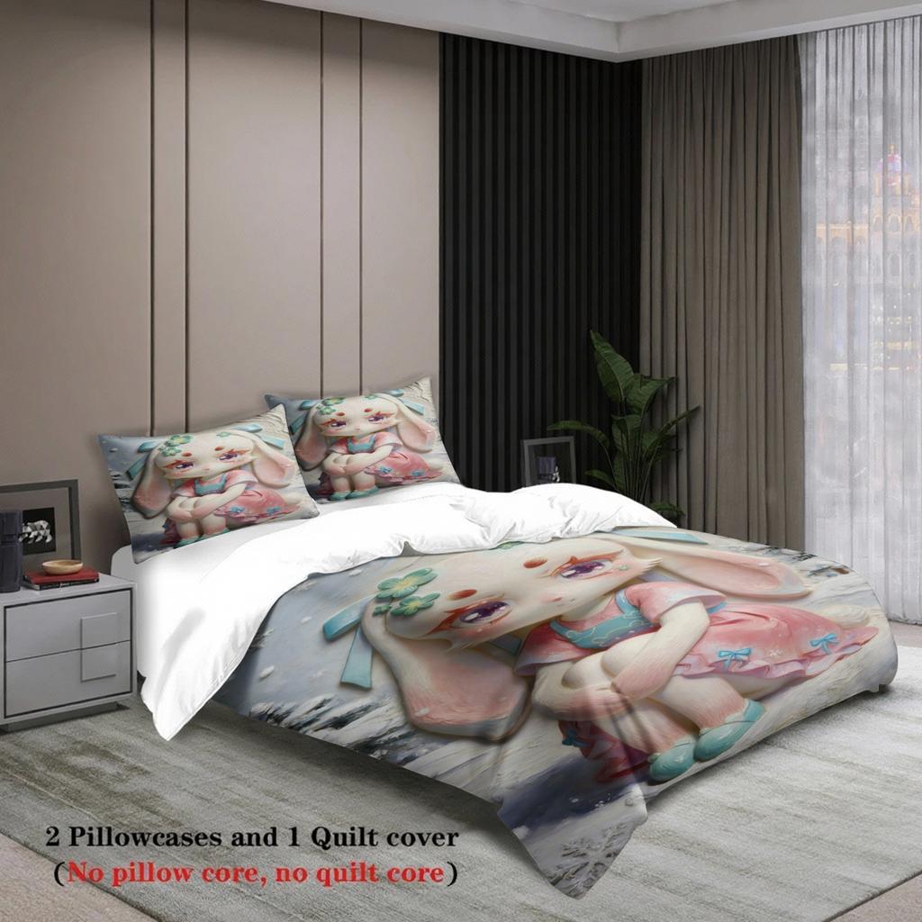 Softville Cozy Town 3PCS Bedding Sets Lop Rabbit Sitting On Ground Pint Duvet Cover No Filling Cartoon Style Queen King Size