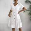 Women's V Neck Button Front Ruffle Hem Midi Dress Short Sleeve Casual Dress