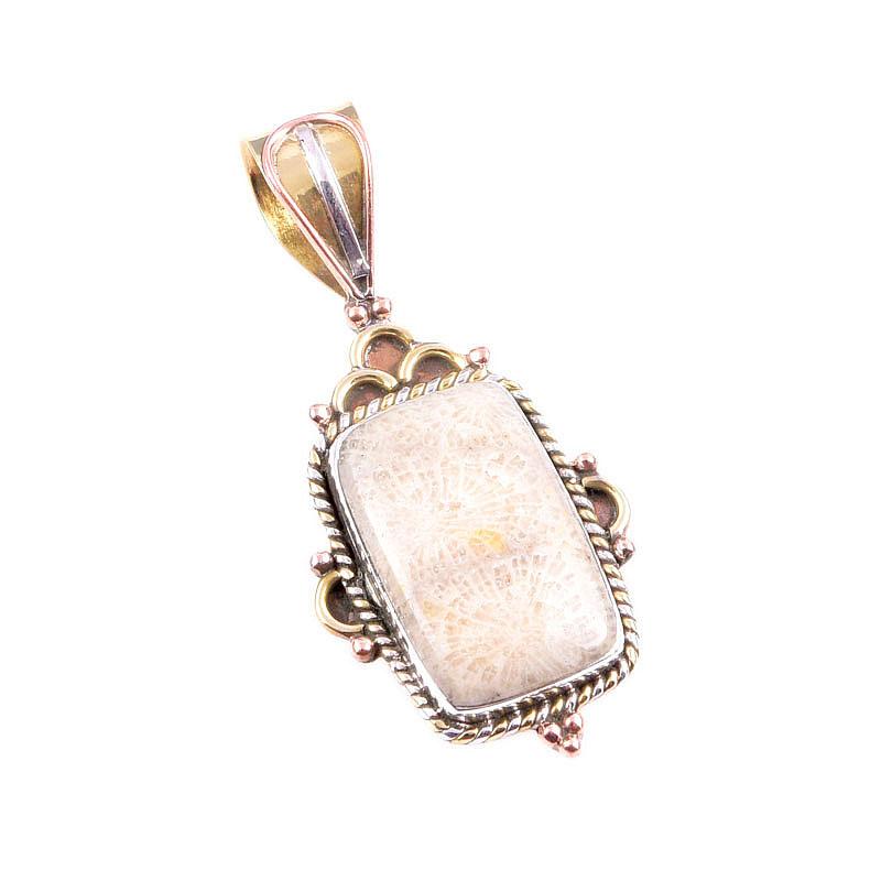 Natural Fossil Coral 925 Solid Sterling Silver Jewelry TwoTone Pendant 1.5" Z8o68