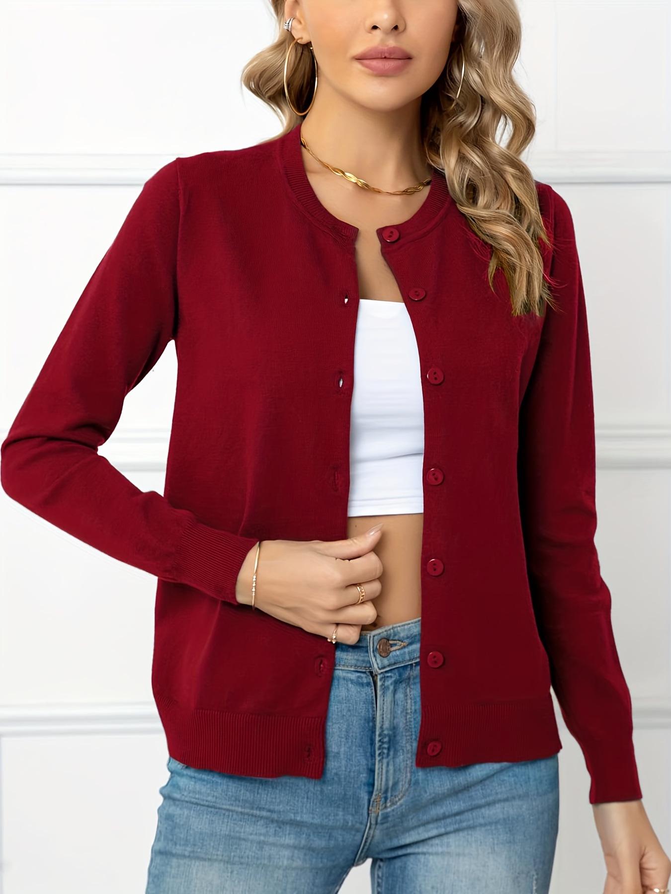 

2025 Women s Crew Neck Knitted Cardigan with Long Sleeves S вина червоного кольору