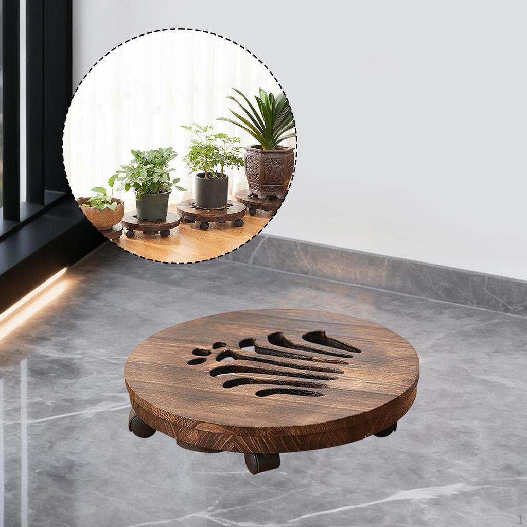 Movable Plantpot Tray Rolling Plant Stand Planter Pot Trolley Wooden Base Easy to Move Houseplants