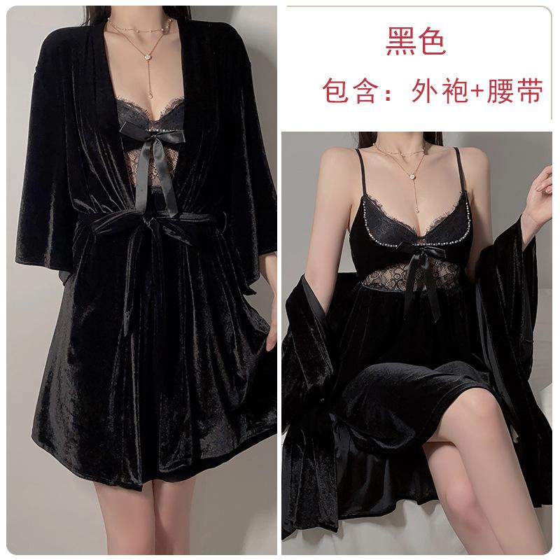 Women's Velvet Deep V Cami Sleep Dress with Robe Lounge Pajama Set