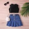Set Moda da Ragazza Estate 2025 Maglie Casual Monocromatiche Senza Maniche da Bambina, Gonne Plissettate in Denim con Cintura, Set 2 Pezzi