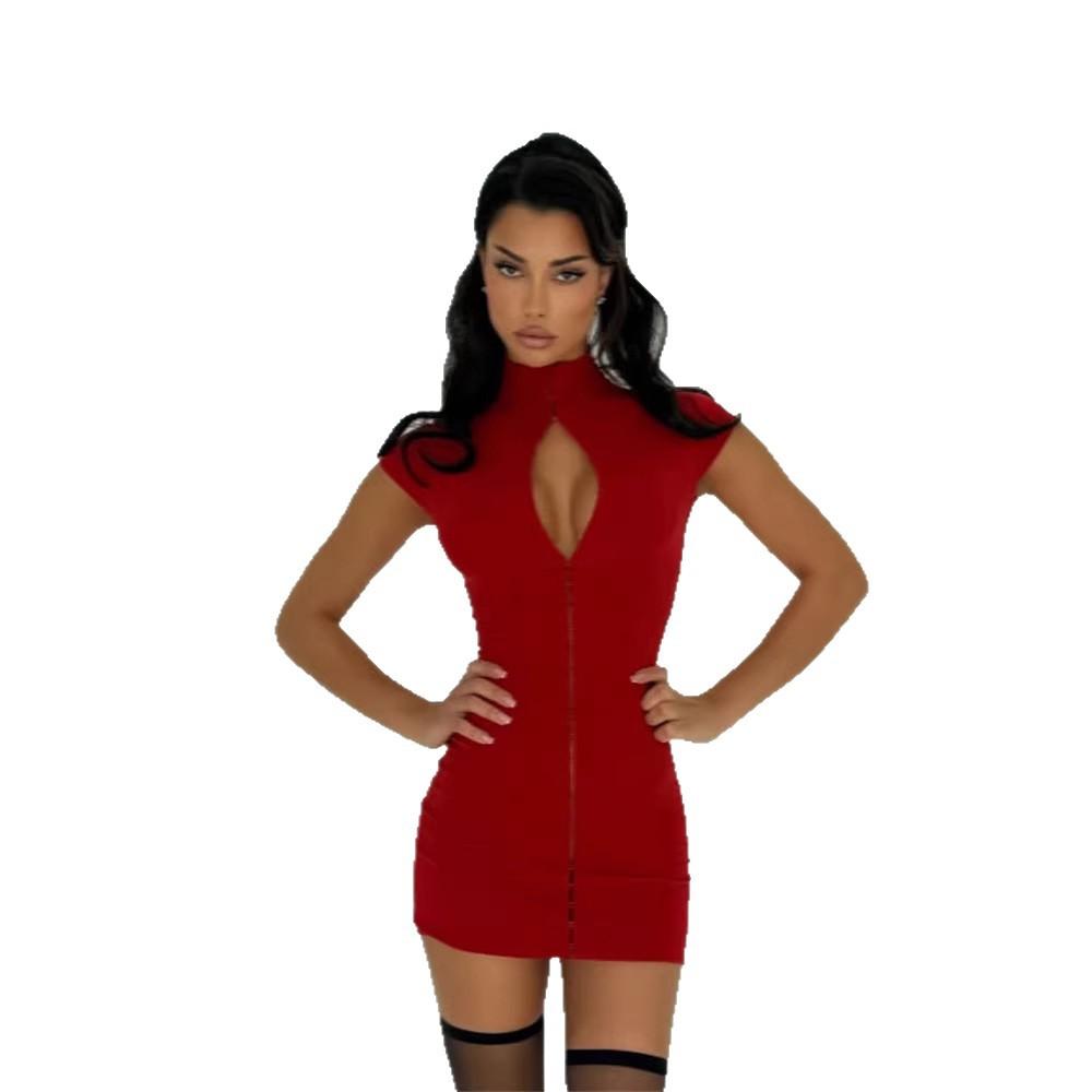 European and American new models, red slim-fitting and thin, sexy hip-wrapped skirt, Spice Girl style hidden buckle tight women's clothing