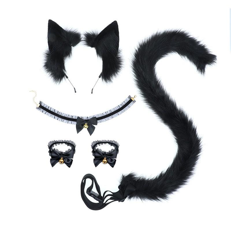 Furry Animal Ear Tail Set With Lace Hand Bells Neck Bell Headband Cosplay Costume