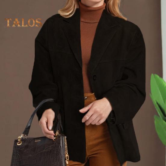 Damenjacke Vintage OL Pendlerstil Umlegekragen Einreihig Einfarbig Locker Mittellanger Mantel Herbst Winter Lässige Oberbekleidung