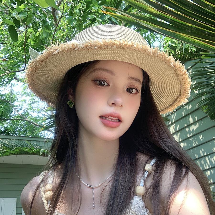 Small Fresh Forest Lace Flower Shade Straw Hat Women's Summer Flat Top Rough Edge Straw Hat Seaside Vacation Beach Hat