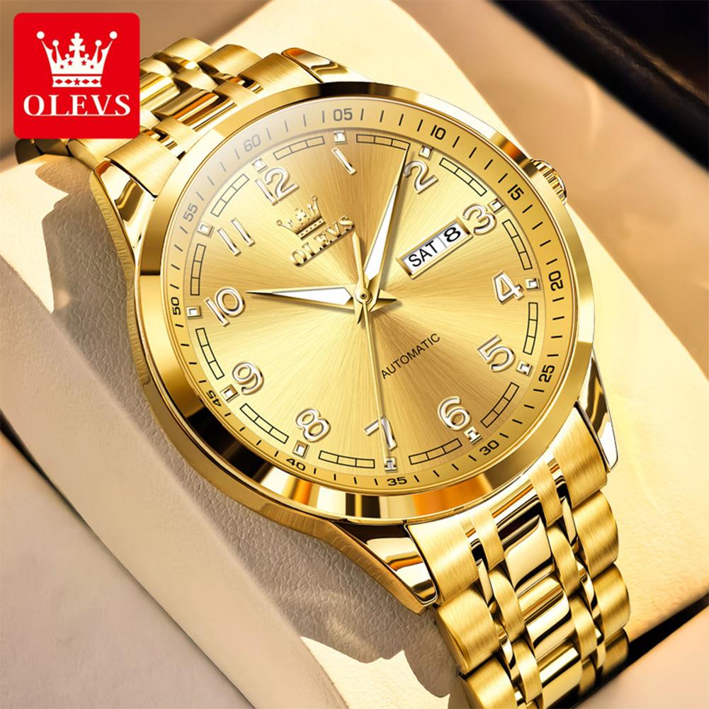 OLEVS Top Luxury Brand Men's Watches Original Automatic Mechanical Watch for Man Gold Stainless Steel Luminous Calendar Week