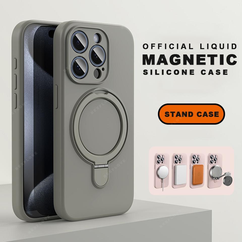 Magnetic Ring Holder Liduid Silicone Stand Phone Case For iPhone 15 14 16 Plus 11 12 13 16 Pro Max Magsafe Protector Soft Cover