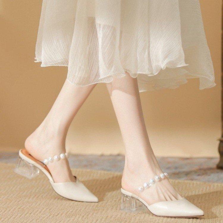 Summer transparent thick heel medium heel slippers year French bag head drag pointed sandals one word belt outside wear single shoes