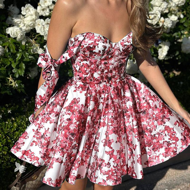 Vintage Blue Print Bow Lace-Up Sling Dress For Women High Waist Pleated A-Line Mini Dresses Summer New Vocation Lady Vestidos