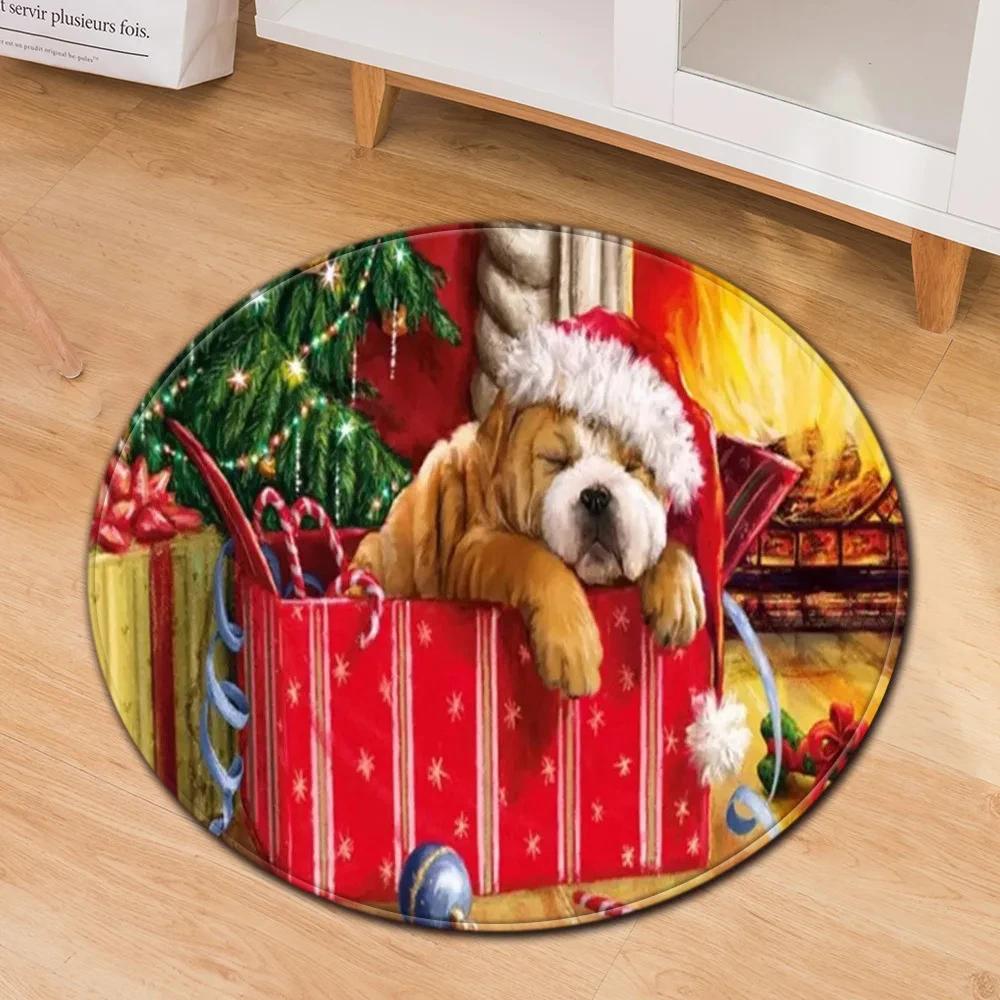 Santa Claus Round Carpet Christmas Theme Rug for Kids Teen New Year's Gift Living Room Bedroom Decor Anti-Slip Circle Floor Mat