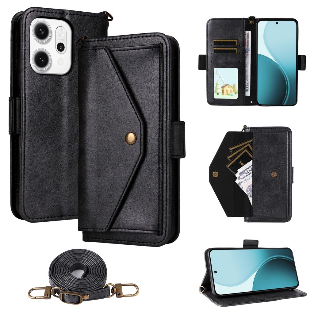 For Oppo Reno14 Pro 5G (Global) Leather Case Magnetic Closure Wallet Stand Phone Cover with Crossbody Strap