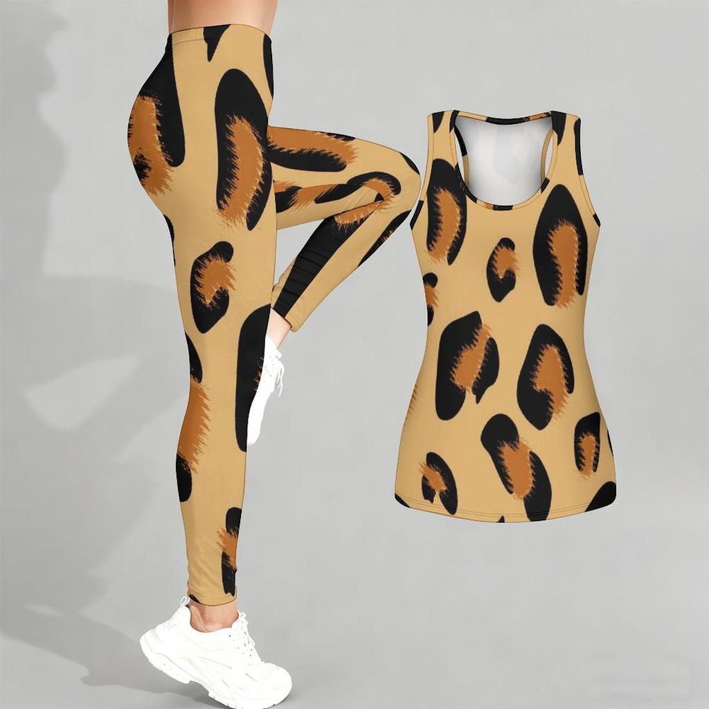 Leopard Print Yoga Outfit for Women Fashion Workout Leggings Fitness Sports Casual Yoga Set Sports Suit