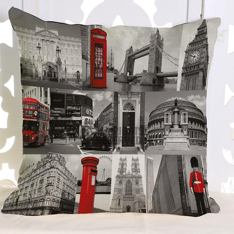Vintage Uk London Phone Booth Throw Pillow Case Sofa Decorative Cotton Linen Big Ben Art British Fashion Cushion Cover
