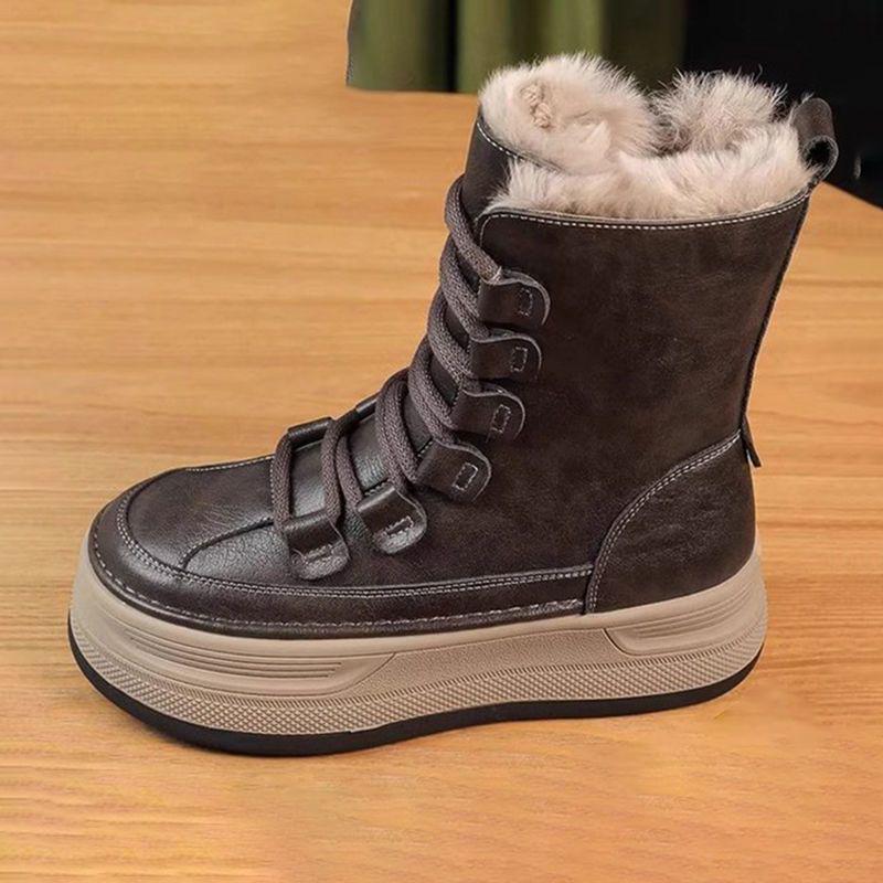 Winter 2025 Women's Mid-Calf Leather and Fur Snow Boots with Thick Soles and Warm Velvet Lining