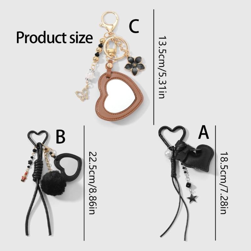 Vintage Leather Keychain Handmade Heart Braided Rope Mirror Charm DIY Accessory Sturdy Leather Key Holder
