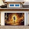2D Flat Banner 1 piece - Retro microphone and musical note party banner background - Gold/Black shiny star design