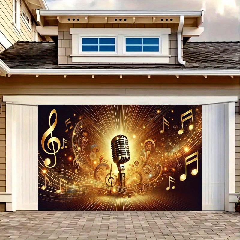 2D Flat Banner 1 piece - Retro microphone and musical note party banner background - Gold/Black shiny star design