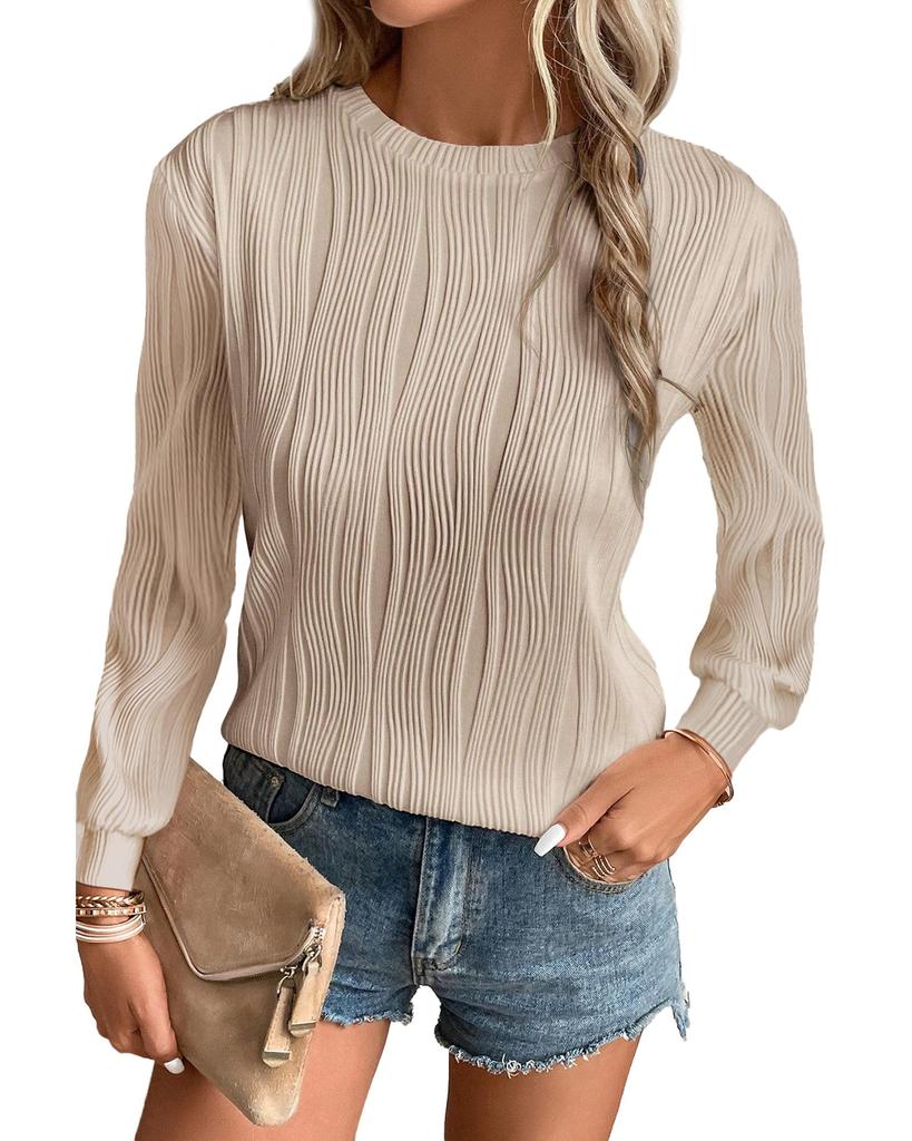 Azura Exchange Apricot Textured Wavy Round Neck Long Sleeve Top