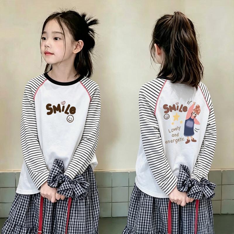 Girls' Trendy Color Block Striped Long Sleeve Cotton T-Shirt for Spring and Autumn