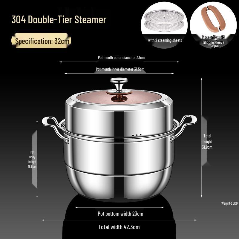 Three-Layer 304 Steel Steamer Pot with Large Capacity for Multi-Functional Cooking