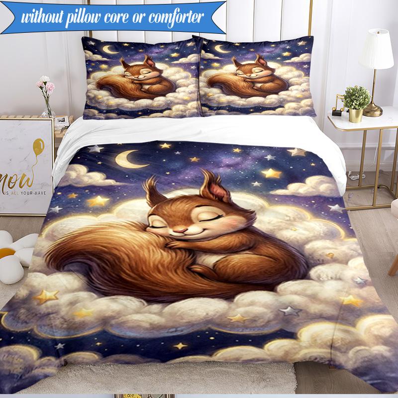 3-teiliges Bettwäsche-Set ' Eichhörnchenträume im Mondlicht', Enthält 1 Bettbezug und 2 Kissenbezüge, Perfekt für Schlafzimmer, Wohnheim, Weihnachtsgeschenk für Fans