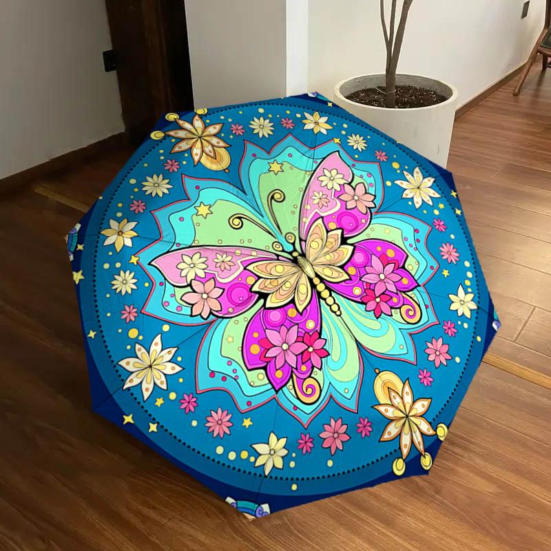 

Colorful Butterfly Mandala Automatic Opening Folding Umbrella - Portable 3-Fold Design with Iron Frame -, Travelers, Daily Use - Perfect Gif