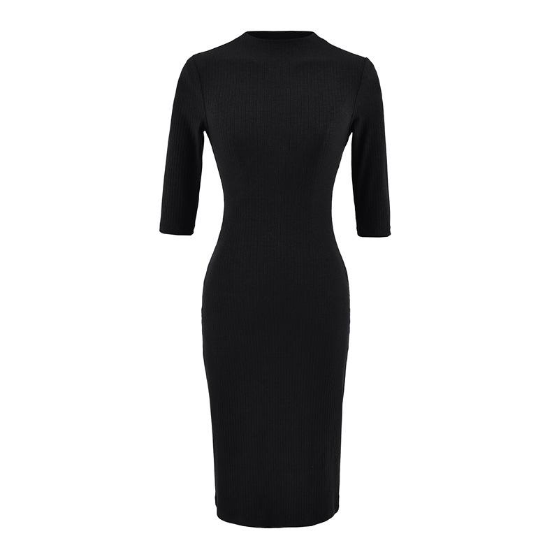 Women's Elegant Ribbed Knit Bodycon Dress - Pink, Long Sleeve, Mid-Length, Summer Style