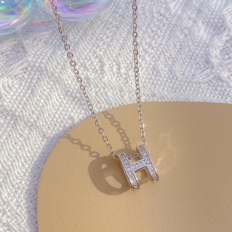 Women Silver Full Diamond H Pendant Titanium Steel Necklace Ins Style Clavicle Chain