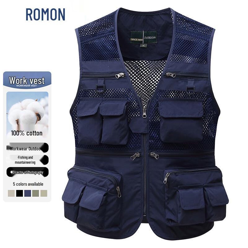 ROMON Men s Summer Thin Pure Cotton Mesh Multi-Pocket Photography Fishing Vest 2XL