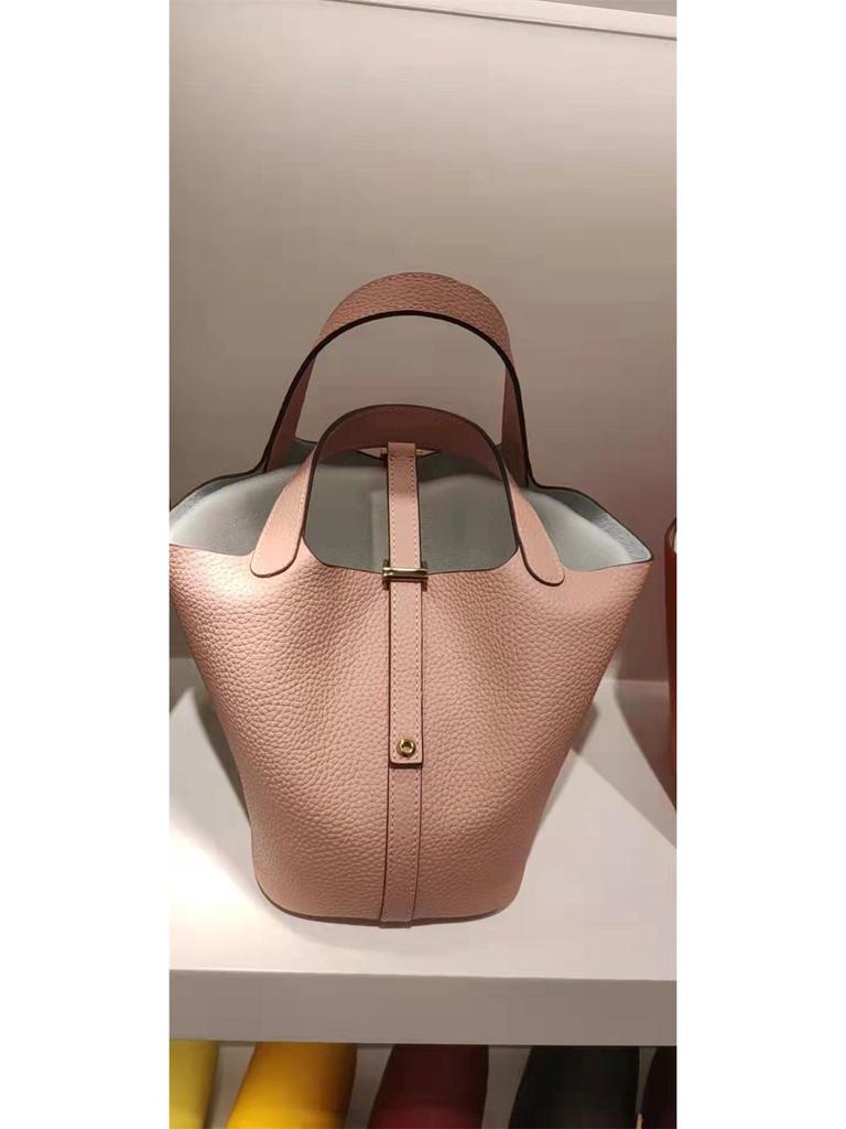 2024 Cowhide Lychee Pattern Vegetable Basket with Gold Hardware and Button - Mother-and-Child Bucket Handbag